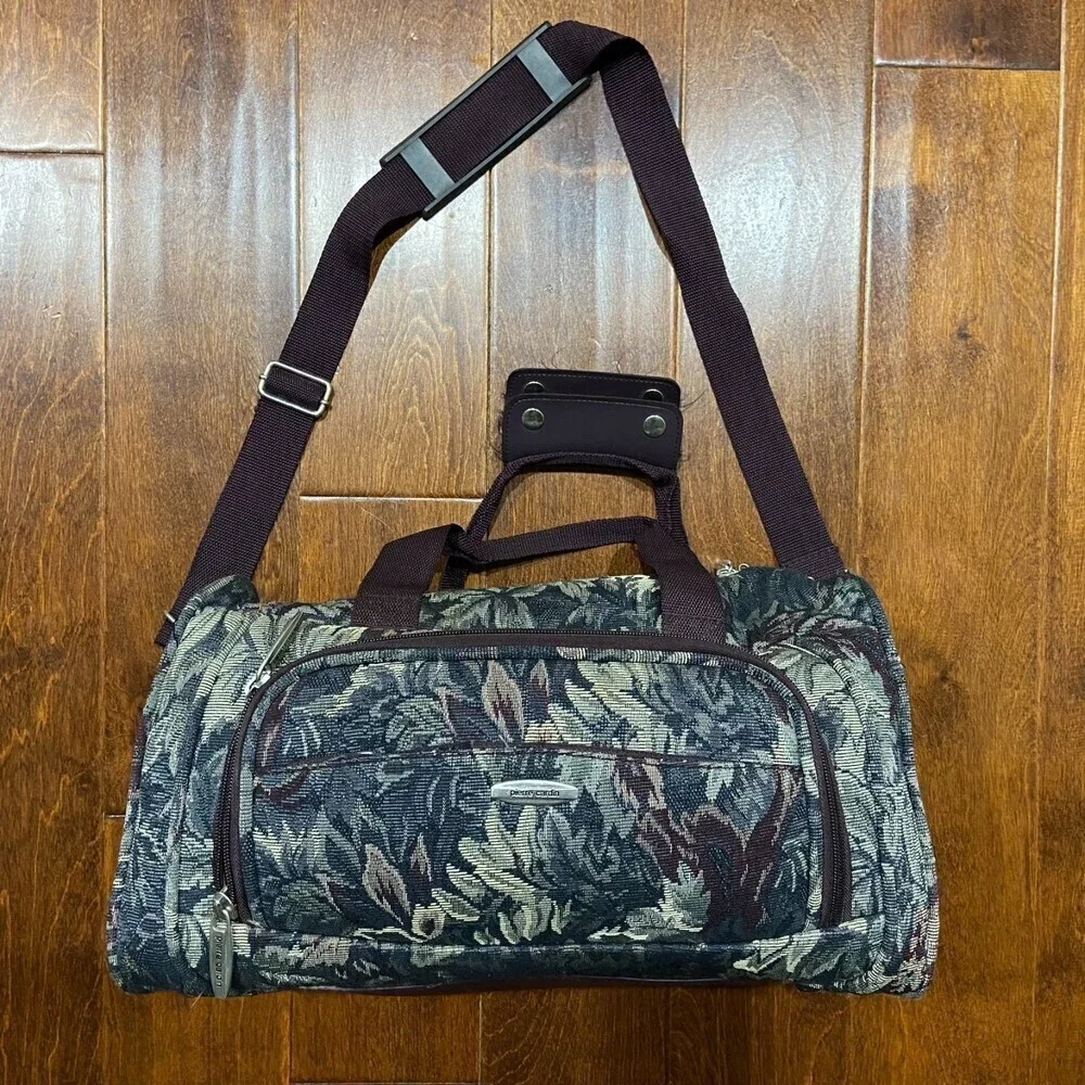 Pierre Cardin Floral Print Tapestry Duffle Bag Travel Vintage Green Brown